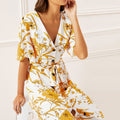 Women Floral Print Beach Dress Boho Short Sleeve Ruffle Long Dress - SunLify