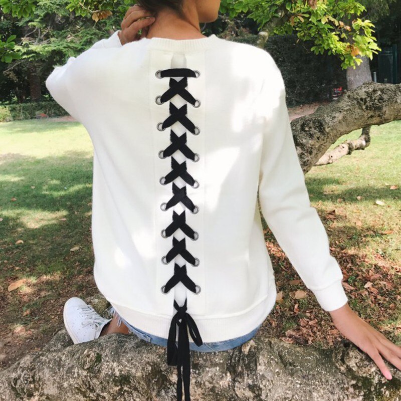 Women Long-sleeve Sweatshirt Round Neck Lace Up Casual Pullover - SunLify