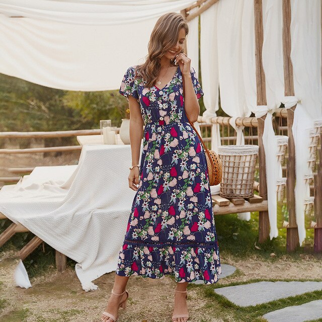 Women Midi Dress Summer Casual Flower Print Side Slit Red Long Sundresses Ladies Yellow Fitted Clothing Everyday  Fashion - SunLify