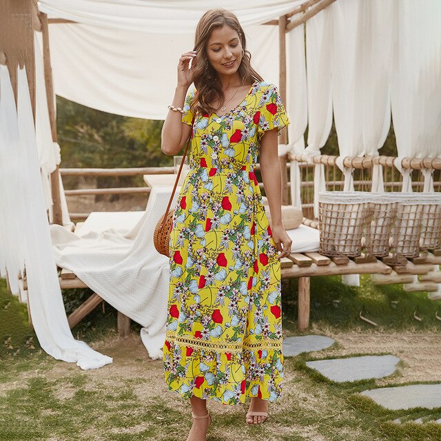 Women Midi Dress Summer Casual Flower Print Side Slit Red Long Sundresses Ladies Yellow Fitted Clothing Everyday  Fashion - SunLify