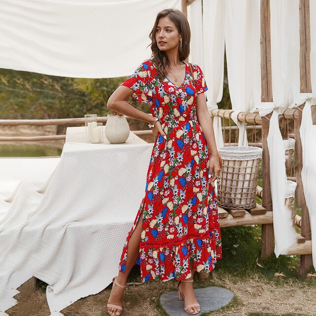 Women Midi Dress Summer Casual Flower Print Side Slit Red Long Sundresses Ladies Yellow Fitted Clothing Everyday  Fashion - SunLify