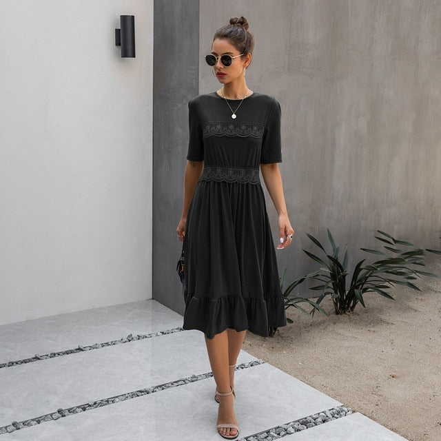 Women Midi Dress T-shirt Summer Black Lace Patchwork Ruffle Ruched Long Dresses Green Casual Ladies Fitted Clothes  Everyday - SunLify