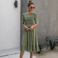 Women Midi Dress T-shirt Summer Black Lace Patchwork Ruffle Ruched Long Dresses Green Casual Ladies Fitted Clothes  Everyday - SunLify