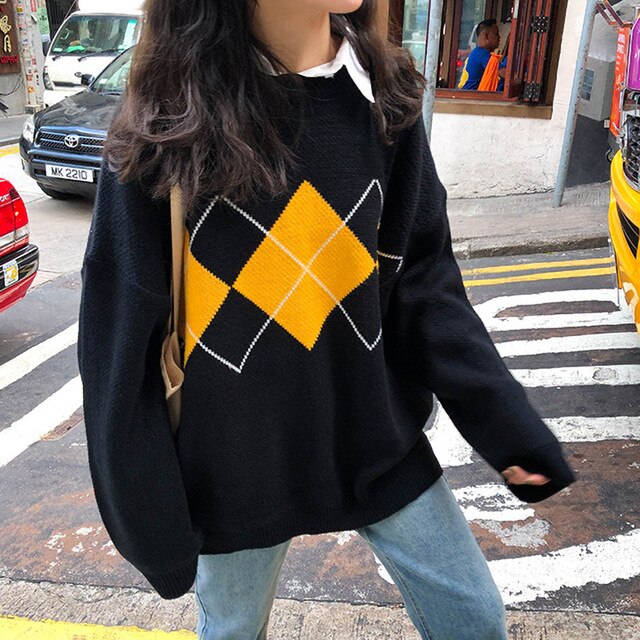 Women Sweater Autumn Winter Long Sleeve Top Korean Fashion Preppy Style Black Knitted Argyle Pullover Sweaters  Fall Clothes - SunLify