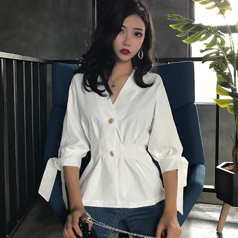 Women Tops Casual Office Shirt Bow Ladies Chemise  Wrap Button Blouse - SunLify