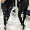 Women blue Jeans Pants Skinny Pearl Beaded black Jeans Summer Spring ladies high waist Zipper Fly Long Denim Casual mom jeans - SunLify