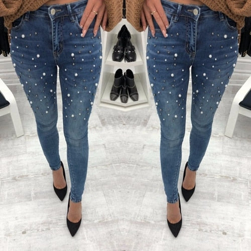 Women blue Jeans Pants Skinny Pearl Beaded black Jeans Summer Spring ladies high waist Zipper Fly Long Denim Casual mom jeans - SunLify