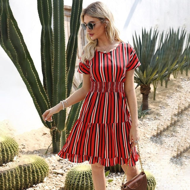 Womens Dresses Summer Casual Stitching Striped Ruffle Sundress Ladies Waisted Fitted Clothing  Trendy Red Dresses For Women - SunLify