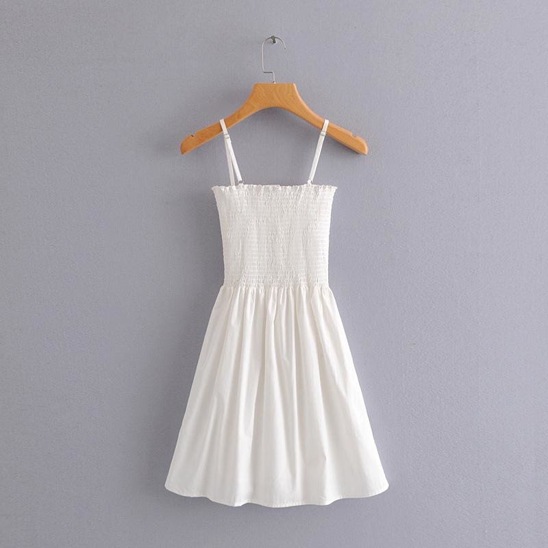 Front-breasted White Elastic Waist Sling Strap Dress - SunLify