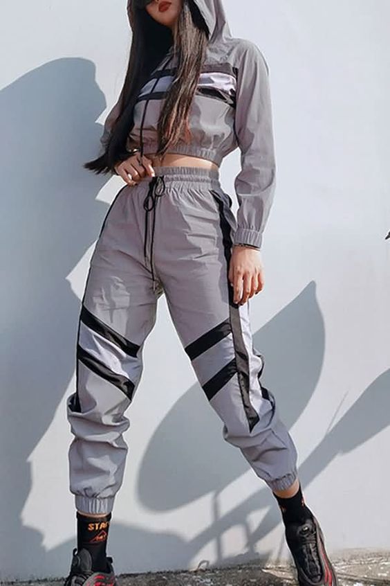 Silver Reflective Color Block Sports Hoodie Pants Suit Set - SunLify