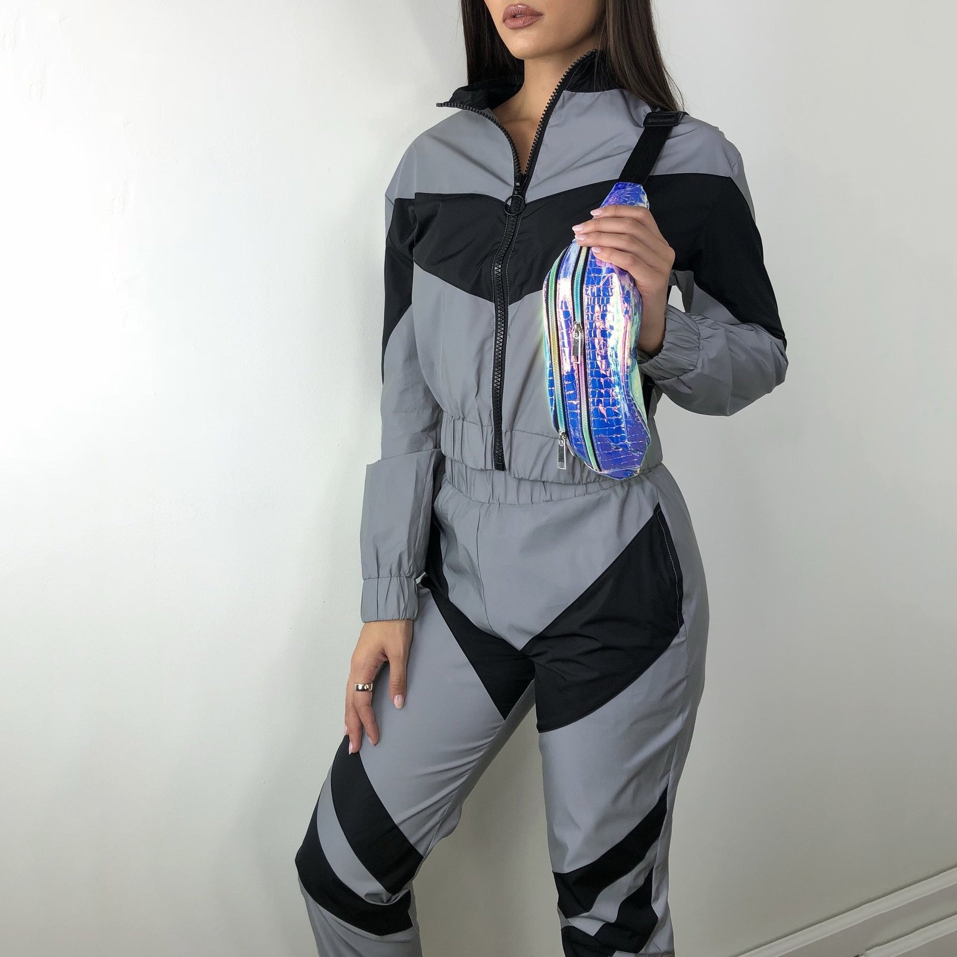 Silver Black Reflective Color Block Sports Hoodie Pants Suit Set - SunLify