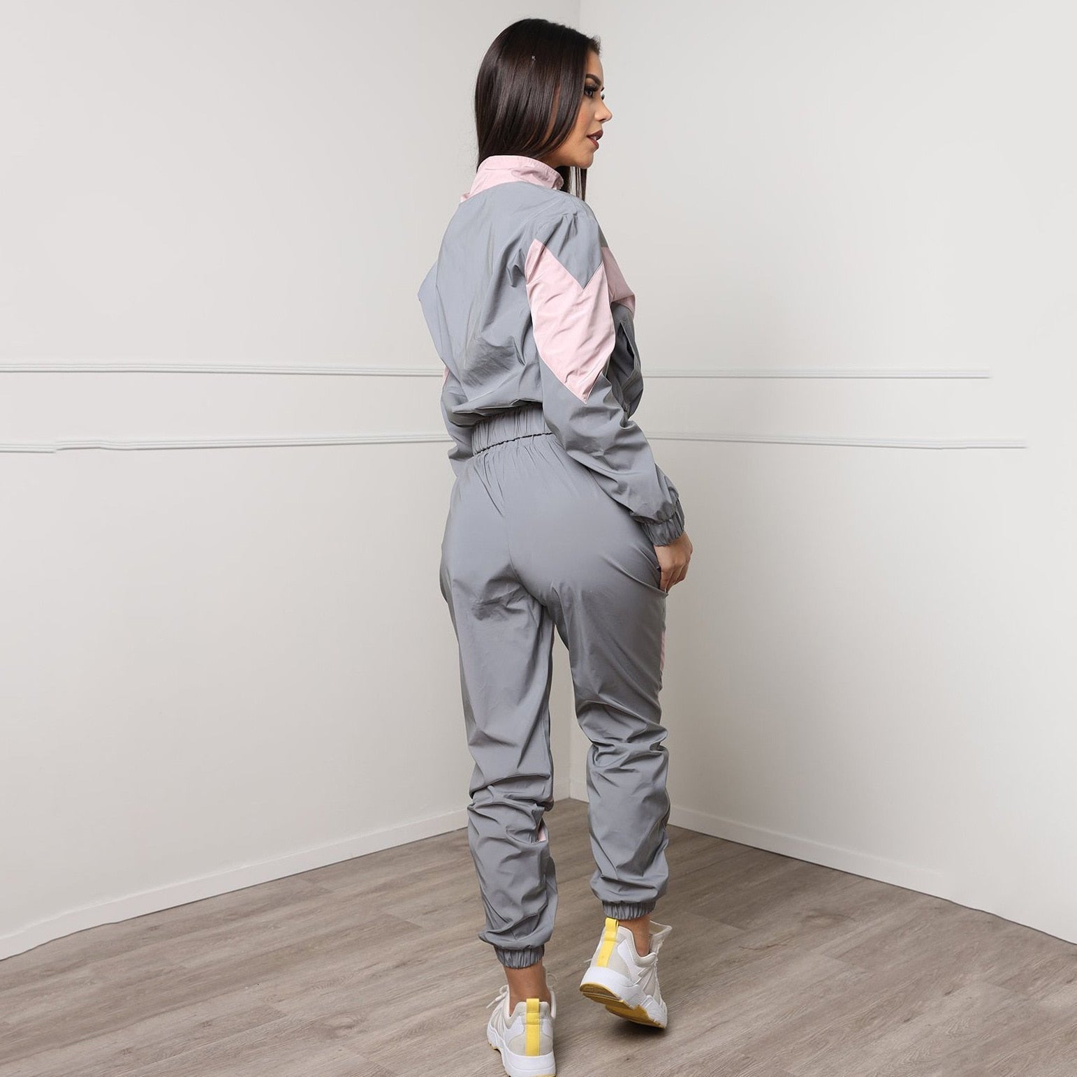 Silver Black Reflective Color Block Sports Hoodie Pants Suit Set - SunLify