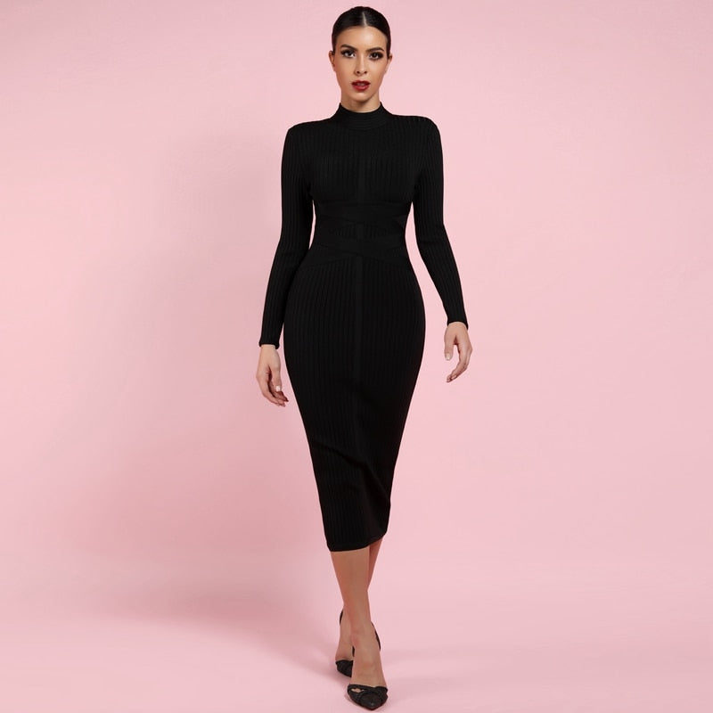 Nude Turtleneck Rayon Long Sleeve Bandage Dress - SunLify