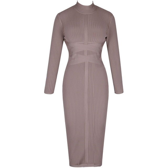 Nude Turtleneck Rayon Long Sleeve Bandage Dress - SunLify