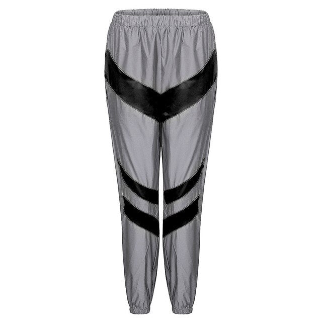 Silver Black Reflective Color Block Sports Hoodie Pants Suit Set - SunLify