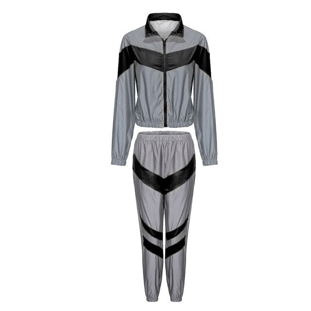 Silver Black Reflective Color Block Sports Hoodie Pants Suit Set - SunLify