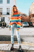 Rainbow Turtleneck Sweaters Women Fashion Striped Oversized Pullover - SunLify