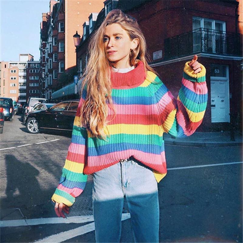 Rainbow Turtleneck Sweaters Women Fashion Striped Oversized Pullover - SunLify