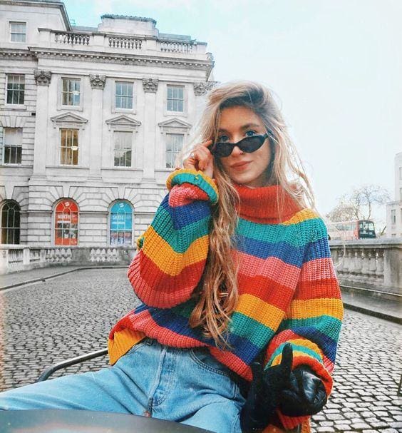 Rainbow Turtleneck Sweaters Women Fashion Striped Oversized Pullover - SunLify