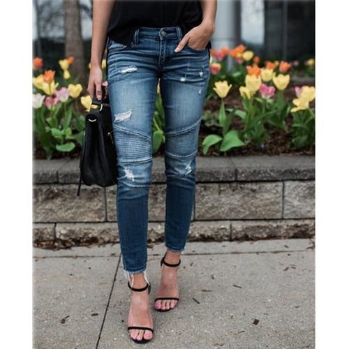 skinny Ripped Jeans Women Pleated Pants Cool Vintage push up Denim jeans Mid Waist Casual Hole boyfriend jeans Slim mom jeans - SunLify