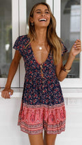 A-Line Bohemian Floral Dress Sexy V-neck Short Sleeve Mini Dress - SunLify