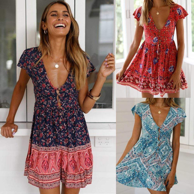 A-Line Bohemian Floral Dress Sexy V-neck Short Sleeve Mini Dress – SunLify