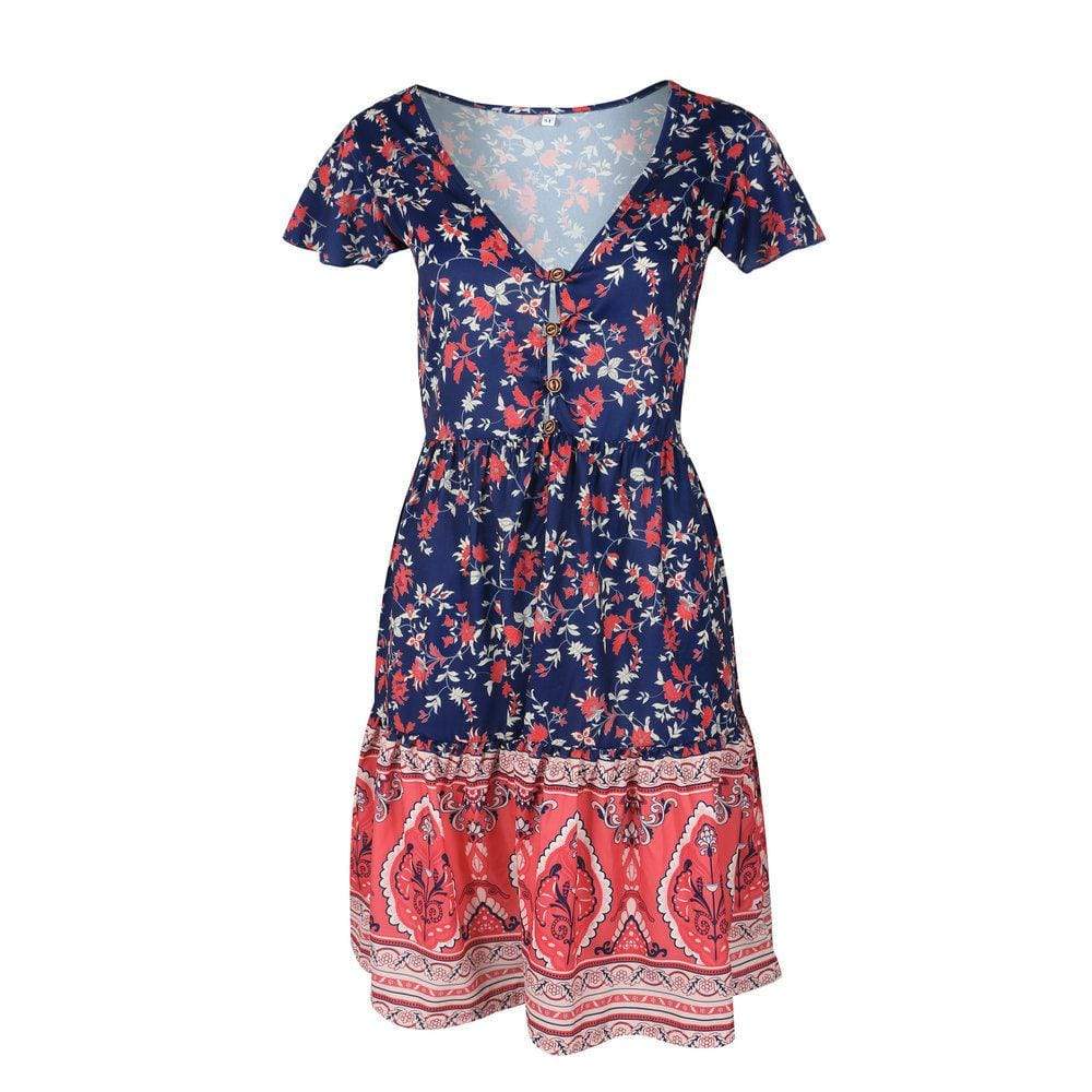 A-Line Bohemian Floral Dress Sexy V-neck Short Sleeve Mini Dress - SunLify