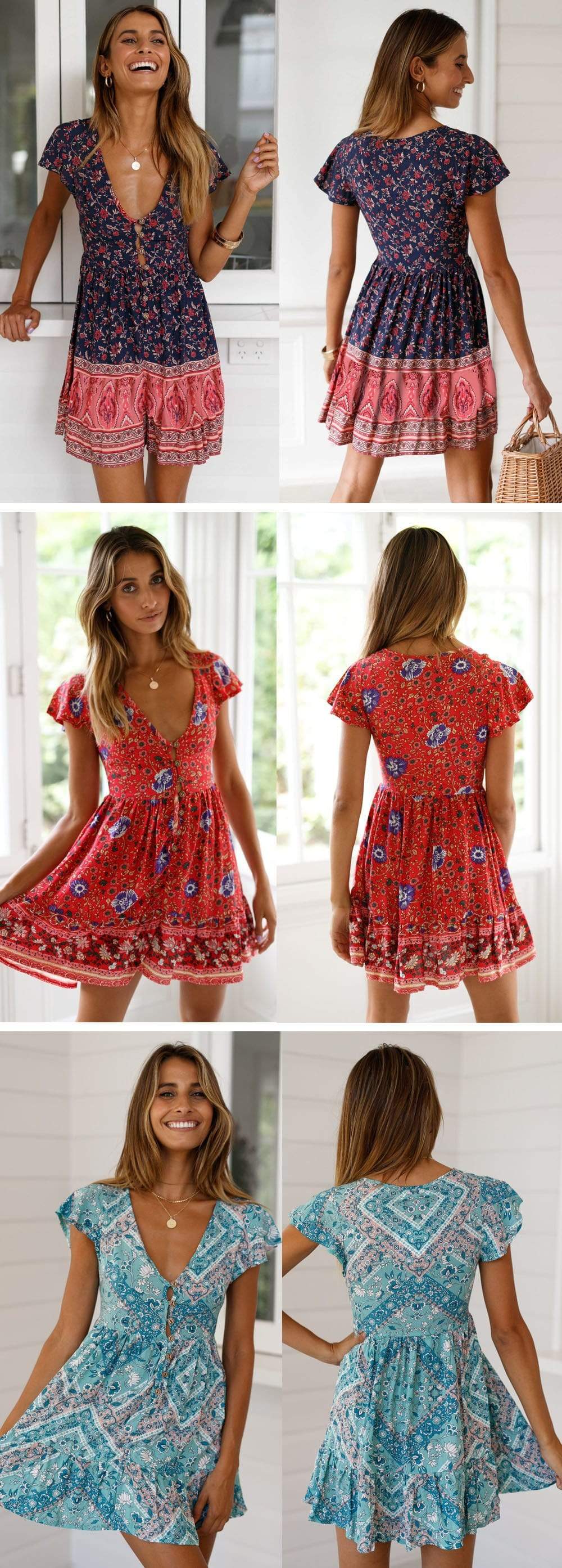 A-Line Bohemian Floral Dress Sexy V-neck Short Sleeve Mini Dress - SunLify