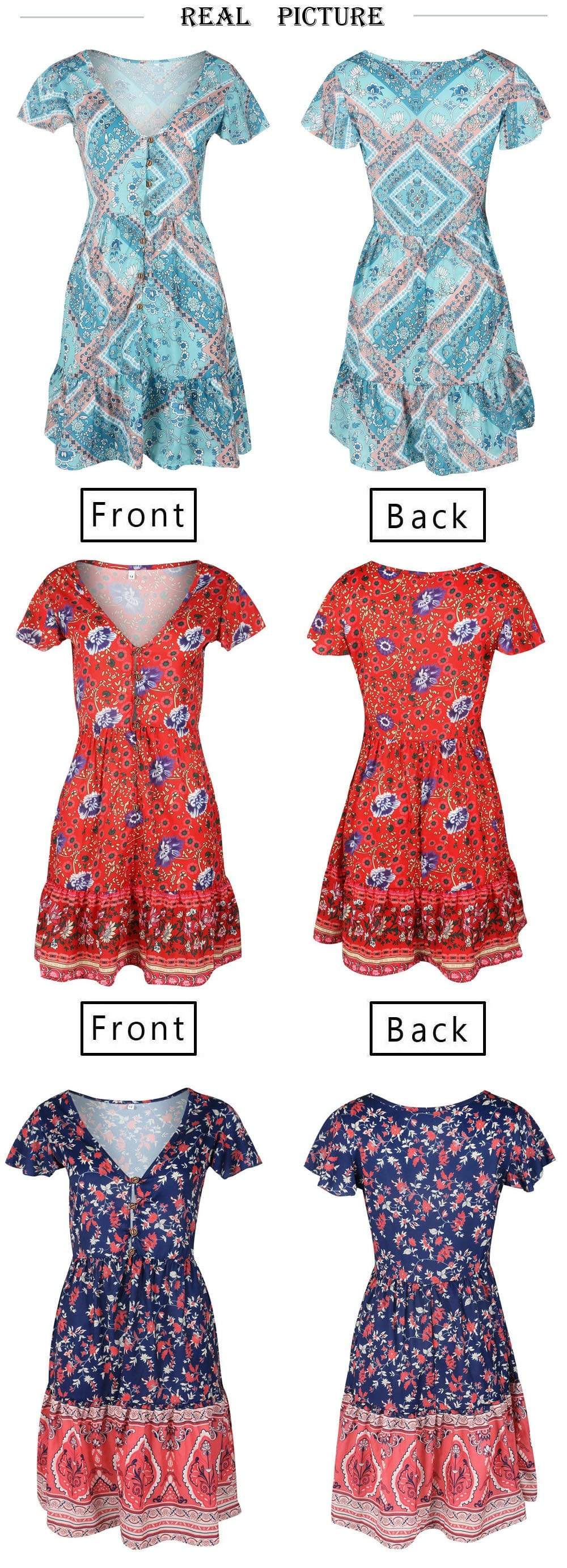 A-Line Bohemian Floral Dress Sexy V-neck Short Sleeve Mini Dress - SunLify