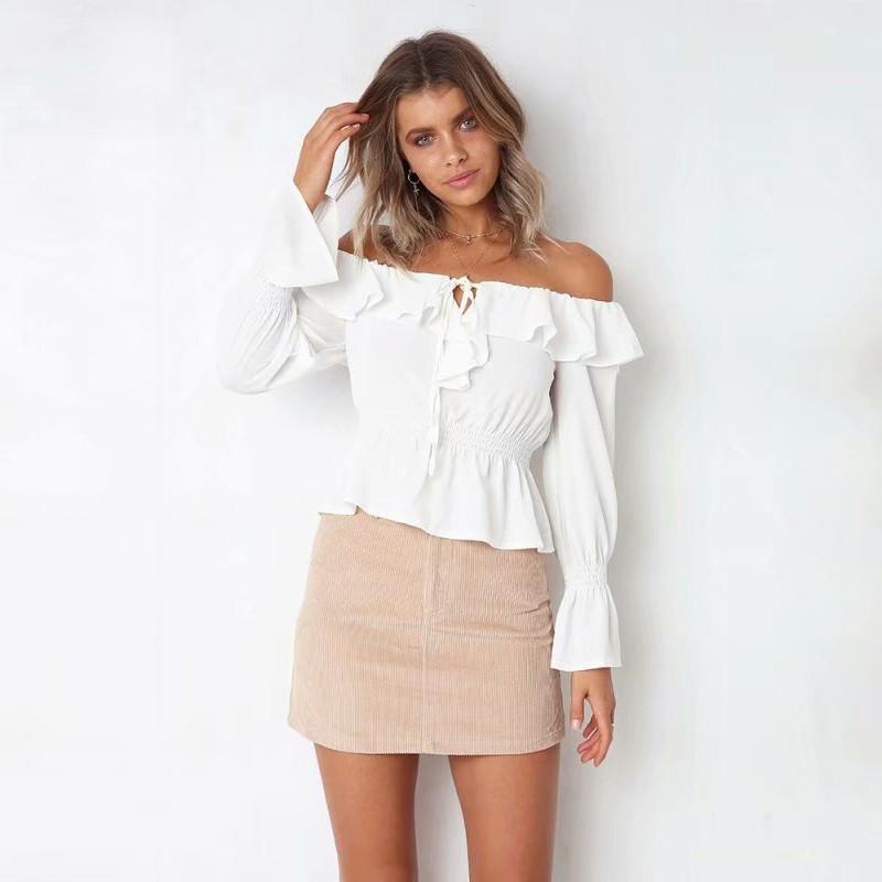 Blouse Women Off Shoulder chiffon blouse Slim Slash Neck Ruffle Shirt - SunLify