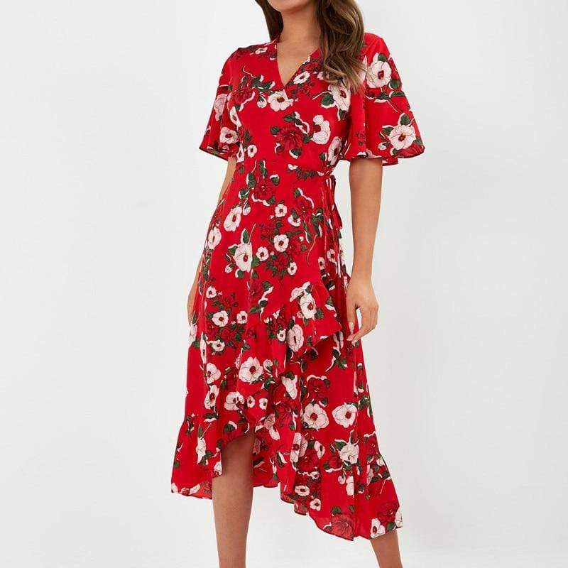 Bohemian Print Dress Women Summer Short Sleeve  V Neck Long Dress - SunLify