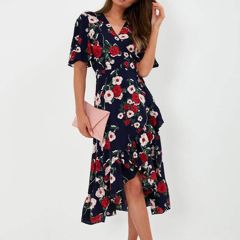 Bohemian Print Dress Women Summer Short Sleeve  V Neck Long Dress - SunLify