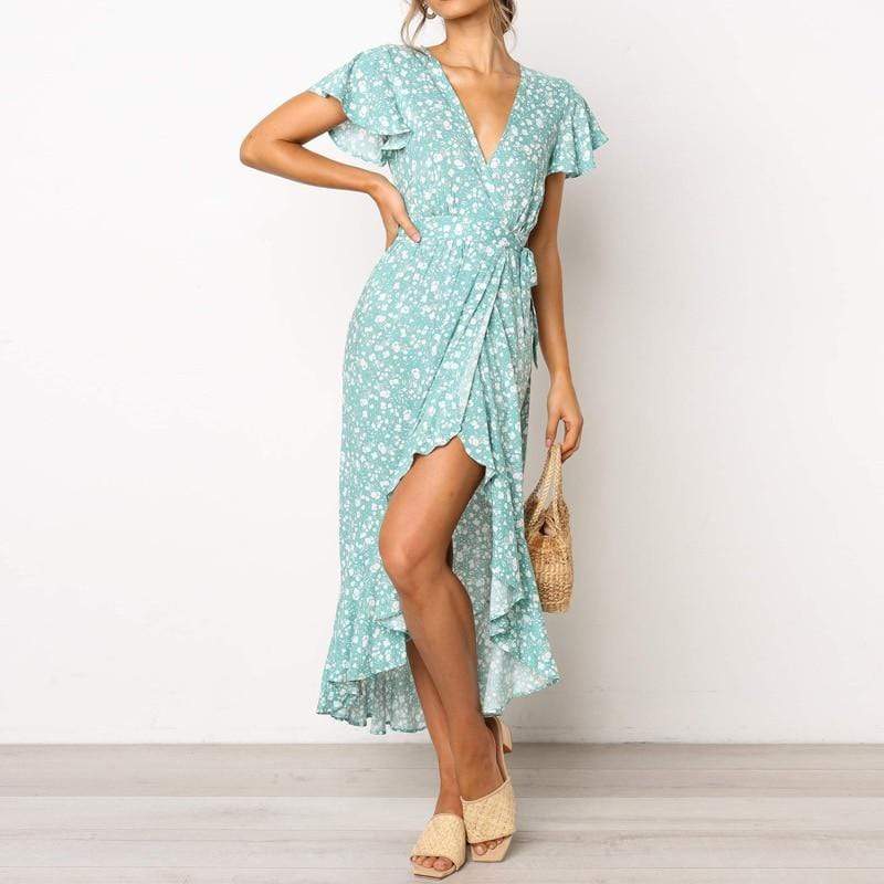 Dress Women Summer Beach Dress V Neck Split Short Sleeve Dress - SunLify