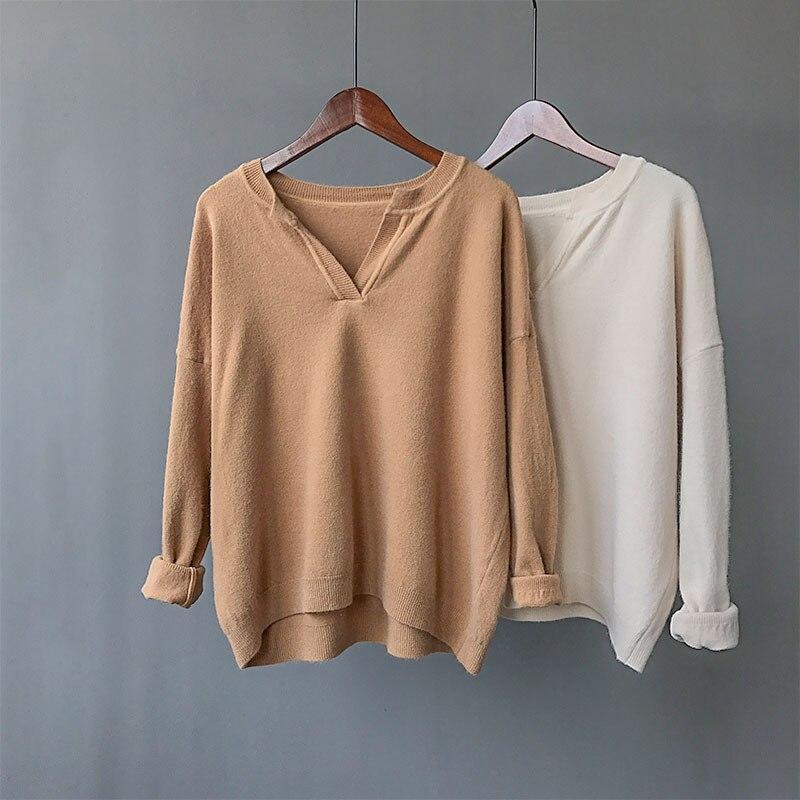 Autumn Simple Women V Neck Long Sleeve Pullovers Tops Knitting Sweater - SunLify