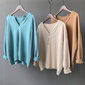 Autumn Simple Women V Neck Long Sleeve Pullovers Tops Knitting Sweater - SunLify