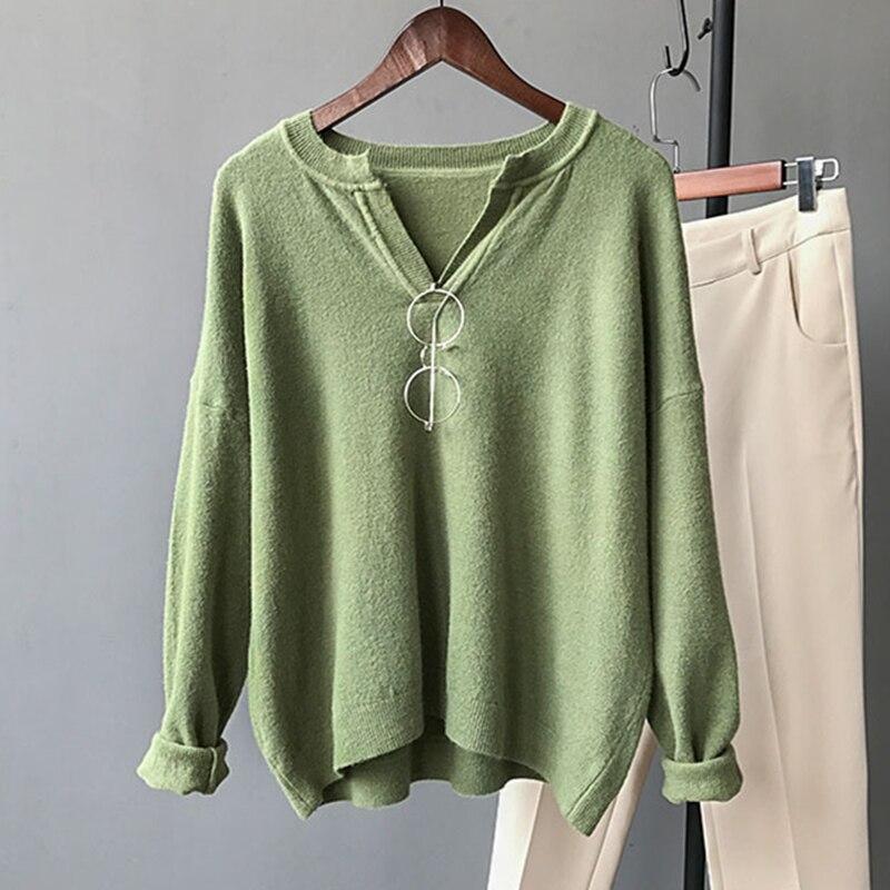 Autumn Simple Women V Neck Long Sleeve Pullovers Tops Knitting Sweater - SunLify