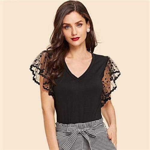 Black Dot Contrast Mesh Sleeve V Neck Plain T-shirt Women Summer - SunLify