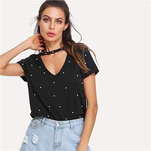 Black Pearl Beading Choker Neck Short Sleeve T-shirt Summer Women - SunLify