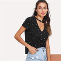 Black Pearl Beading Choker Neck Short Sleeve T-shirt Summer Women - SunLify