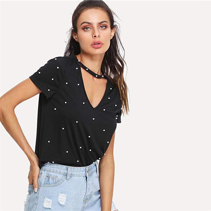 Black Pearl Beading Choker Neck Short Sleeve T-shirt Summer Women - SunLify