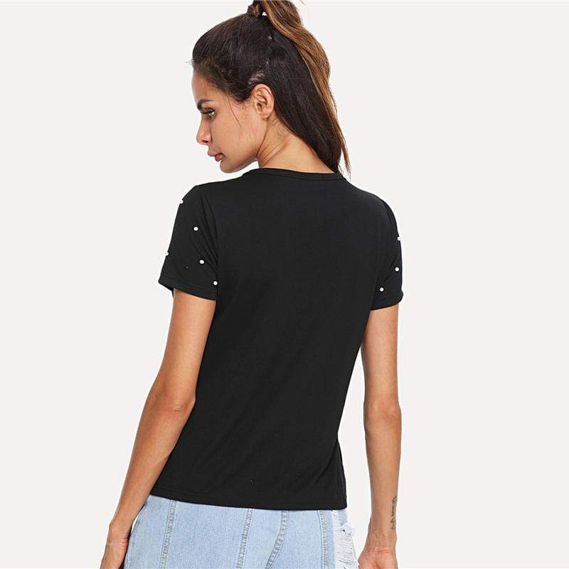 Black Pearl Beading Choker Neck Short Sleeve T-shirt Summer Women - SunLify