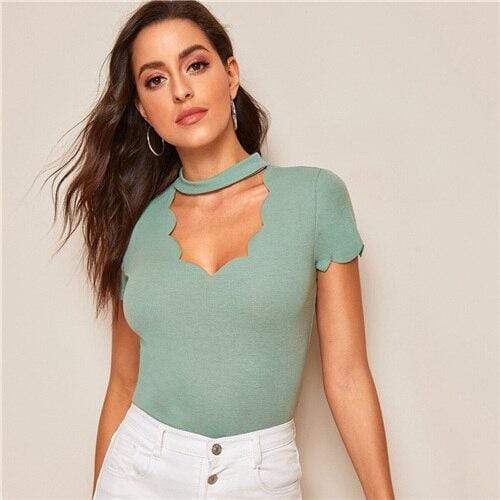 Elegant V Collar Short Sleeve Solid Tee Summer Women Casual Top - SunLify