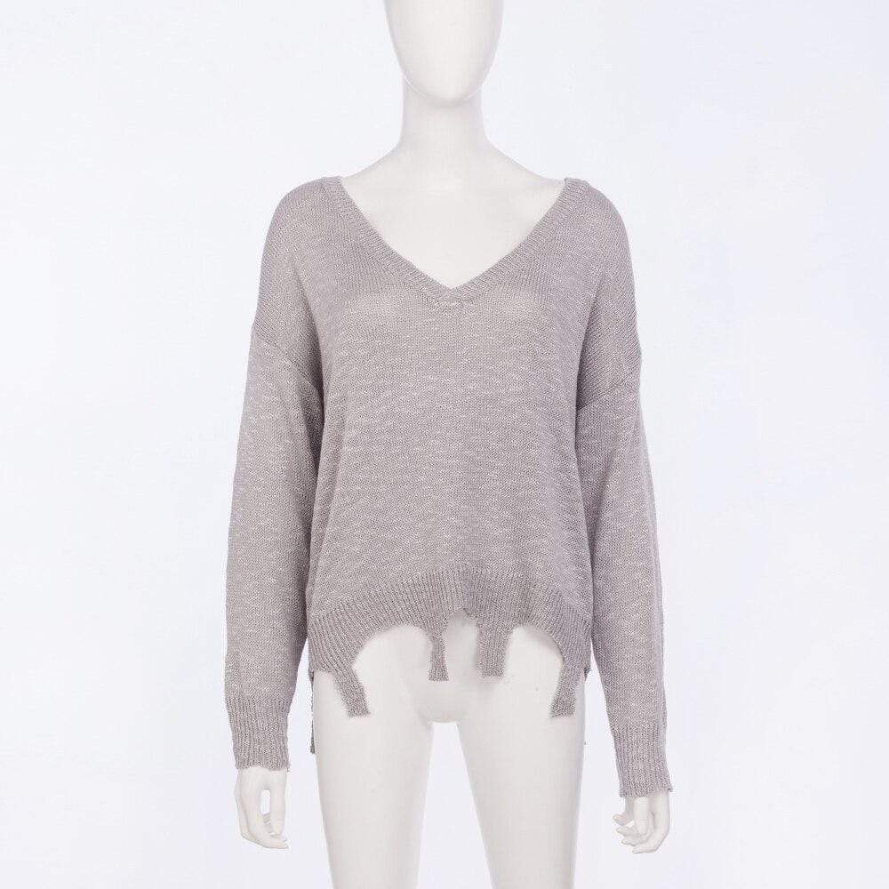 Irregular Crop Top Sweater Women Slim Pullovers V Neck Jumper Sweater - SunLify