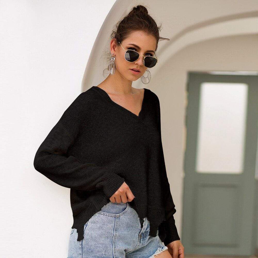 Irregular Crop Top Sweater Women Slim Pullovers V Neck Jumper Sweater - SunLify