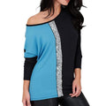 Ladies Tops Off Shoulder Long Sleeve Shirt Sequin Patchwork Tunic - SunLify