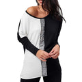 Ladies Tops Off Shoulder Long Sleeve Shirt Sequin Patchwork Tunic - SunLify