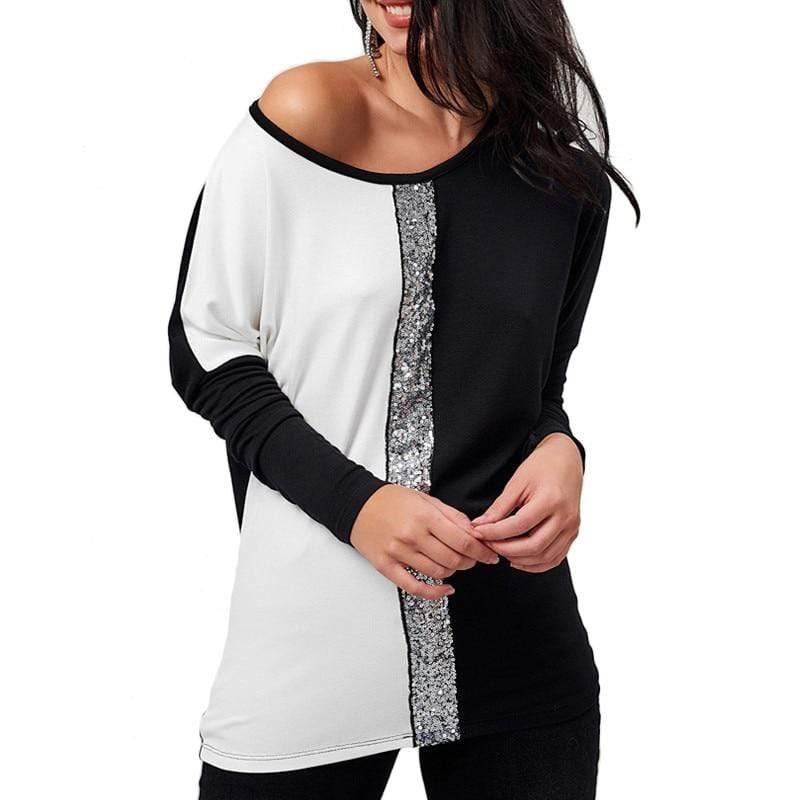 Ladies Tops Off Shoulder Long Sleeve Shirt Sequin Patchwork Tunic - SunLify