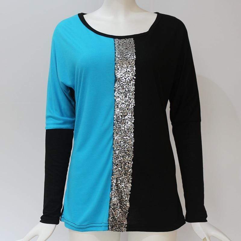 Ladies Tops Off Shoulder Long Sleeve Shirt Sequin Patchwork Tunic - SunLify