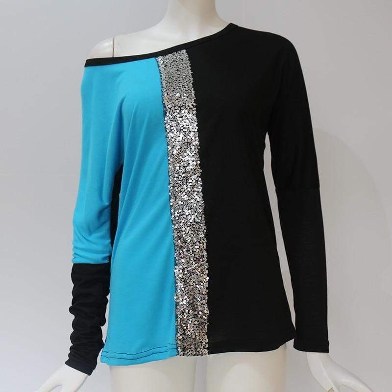 Ladies Tops Off Shoulder Long Sleeve Shirt Sequin Patchwork Tunic - SunLify