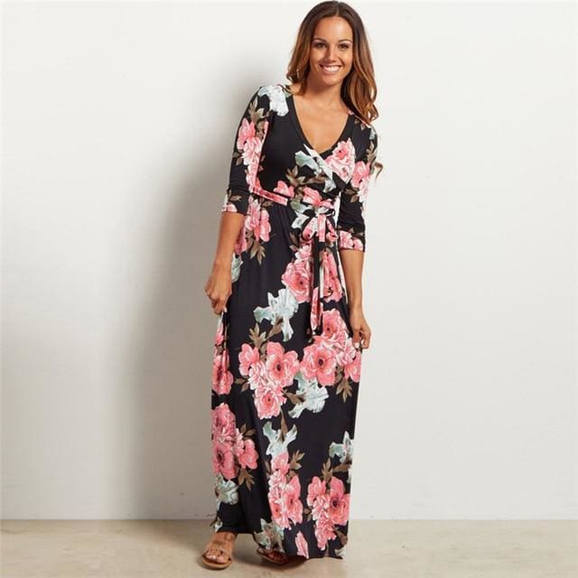 Women Summer Floral Print Maxi Dress Boho Style Long Beach Dress - SunLify